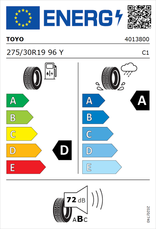 Tyre Label for Toyo Proxes Sport 275/30R19 96Y