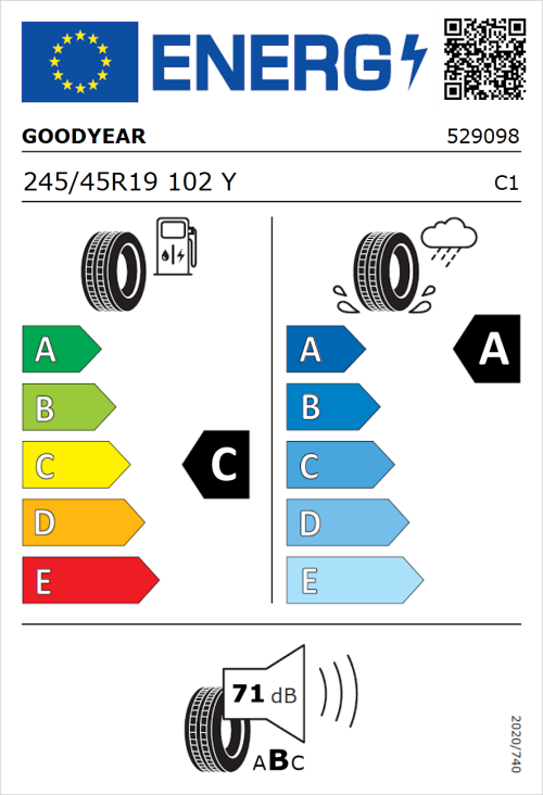 Tyre Label for Goodyear EfficientGrip 245/45R19 102Y
