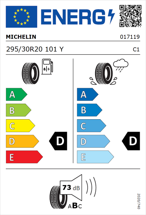 Tyre Label for Michelin Pilot Sport Cup 2 295/30R20 101Y