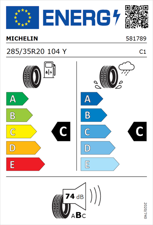 Tyre Label for Michelin Pilot Sport Cup 2 285/35R20 104Y