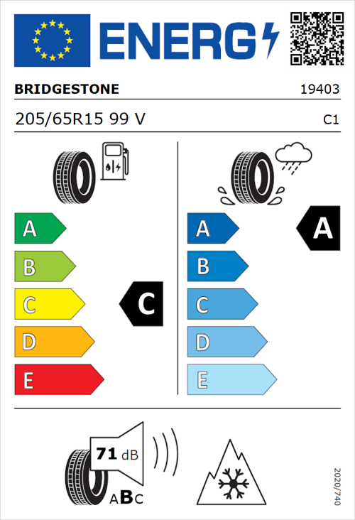 Tyre Label for Bridgestone Weather Control A005 EVO 205/65R15 99V