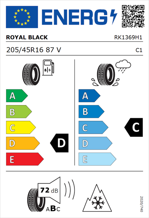 Tyre Label for Royal Black Royal A/S 205/45R16 87V
