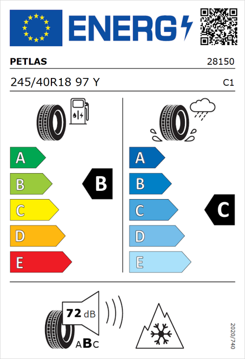 Tyre Label for Petlas Multi Action PT565 245/40R18 97Y