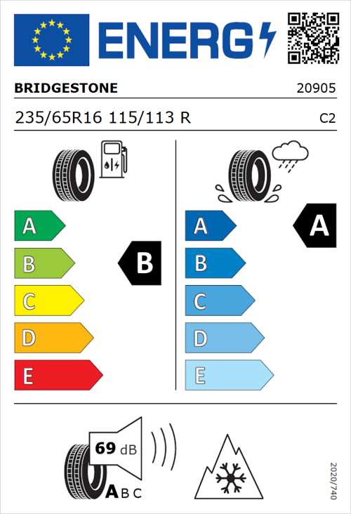 Tyre Label for Bridgestone Duravis Van 235/65R16 115/113R