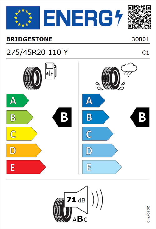 Tyre Label for Bridgestone Alenza 001 275/45R20 110Y