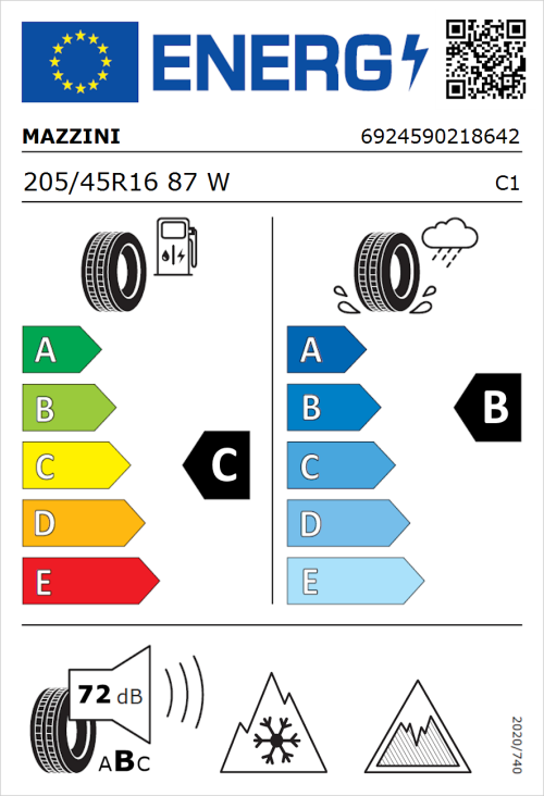 Tyre Label for Mazzini Versat-AS8 205/45R16 87W