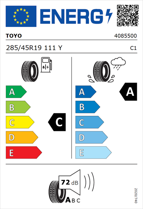 Tyre Label for Toyo Proxes Sport 2 285/45R19 111Y
