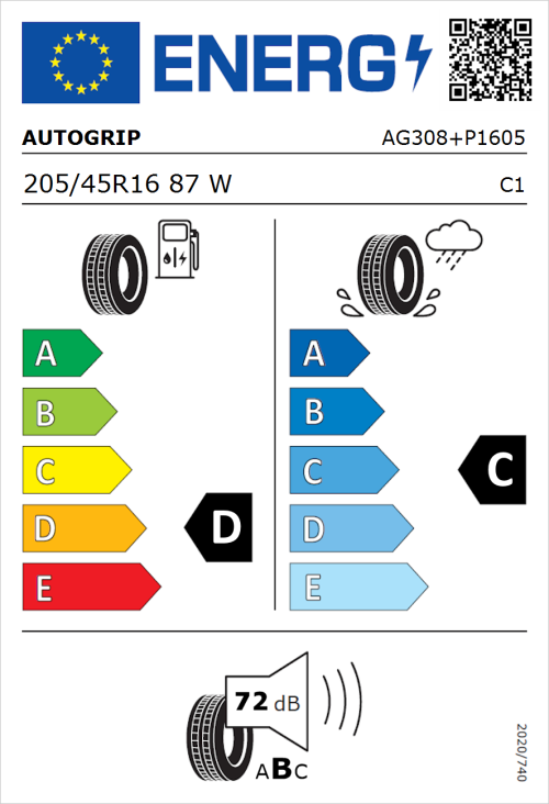 Tyre Label for Autogrip P308 Plus 205/45R16 87W