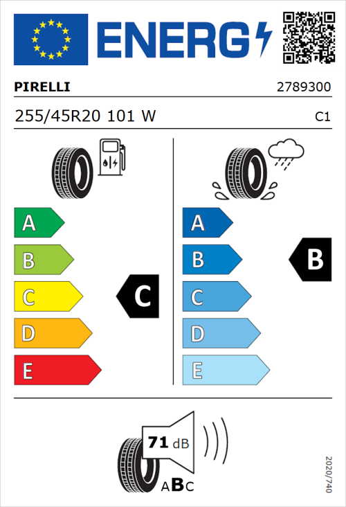 Tyre Label for Pirelli Scorpion Verde RFT 255/45R20 101W